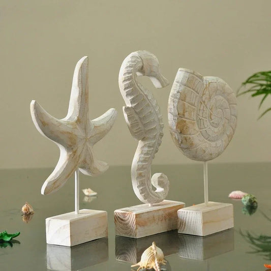 Accesorios de decoración del hogar de estilo mediterráneo, artesanías de madera, estrellas de mar, caracolas, hipocampo, tallado en madera, decoración marina para sala de estar.