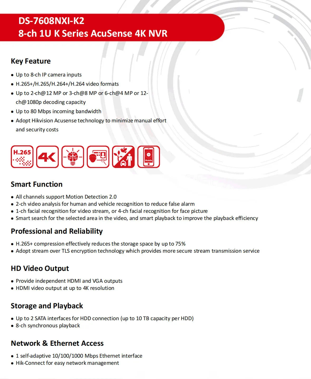 Grabador de vídeo en red (NVR) AcuSense DS-7632NXI-K2 de 8/16/32 canales 4K H.265+ 2SATA Hikvision DS-7608NXI-K2 y DS-7616NXI-K2