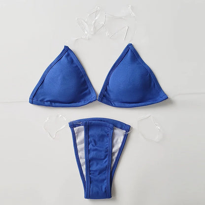 Traje de baño para mujer, bikini sexy transparente con tirantes triangulares, tanga de dos piezas, color sólido, ropa de playa, traje de baño para spa