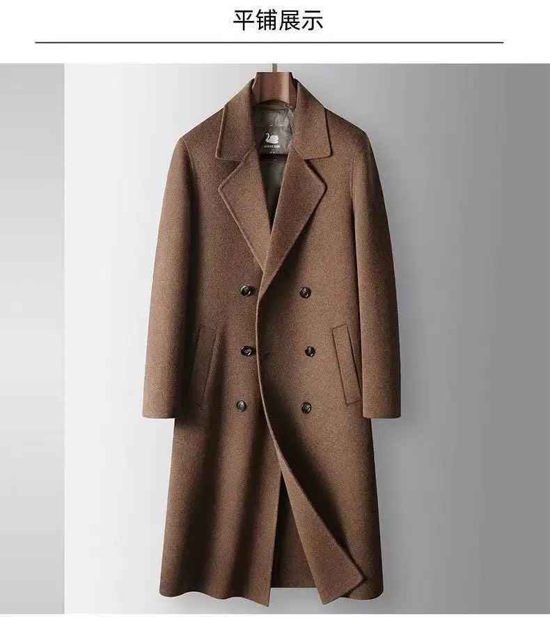 2025 Autumn/Winter New Men's 100% Wool Coat Knee length Double breasted Goose Down Inner Tank Thickened for Warmth