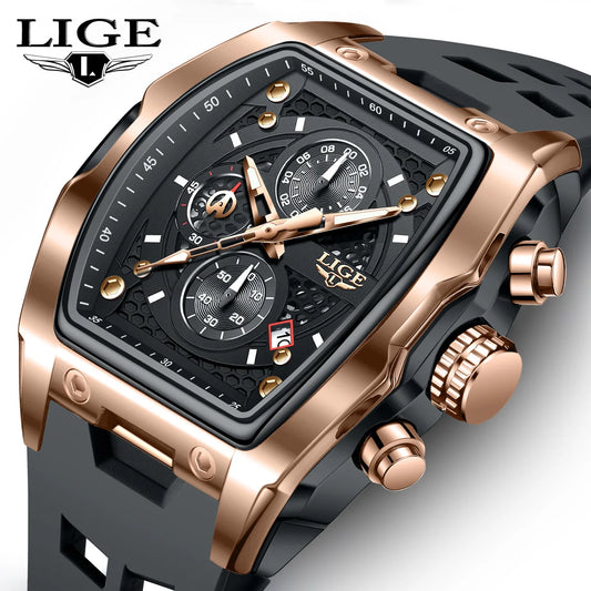 Reloj de negocios LIGE para hombre, resistente al agua, luminoso, cronógrafo, fecha, movimiento de cuarzo, correa de silicona, reloj de pulsera para hombre + caja