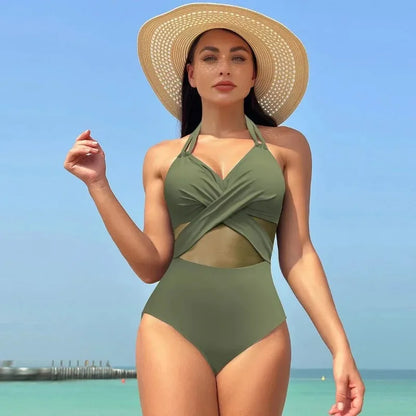 2024 Women One Pieces Solid Swimsuits Sexy Swimwear Bathing Suits Rib Mesh V-neck Swimsuit Bathing Suit Beach Pool Bather