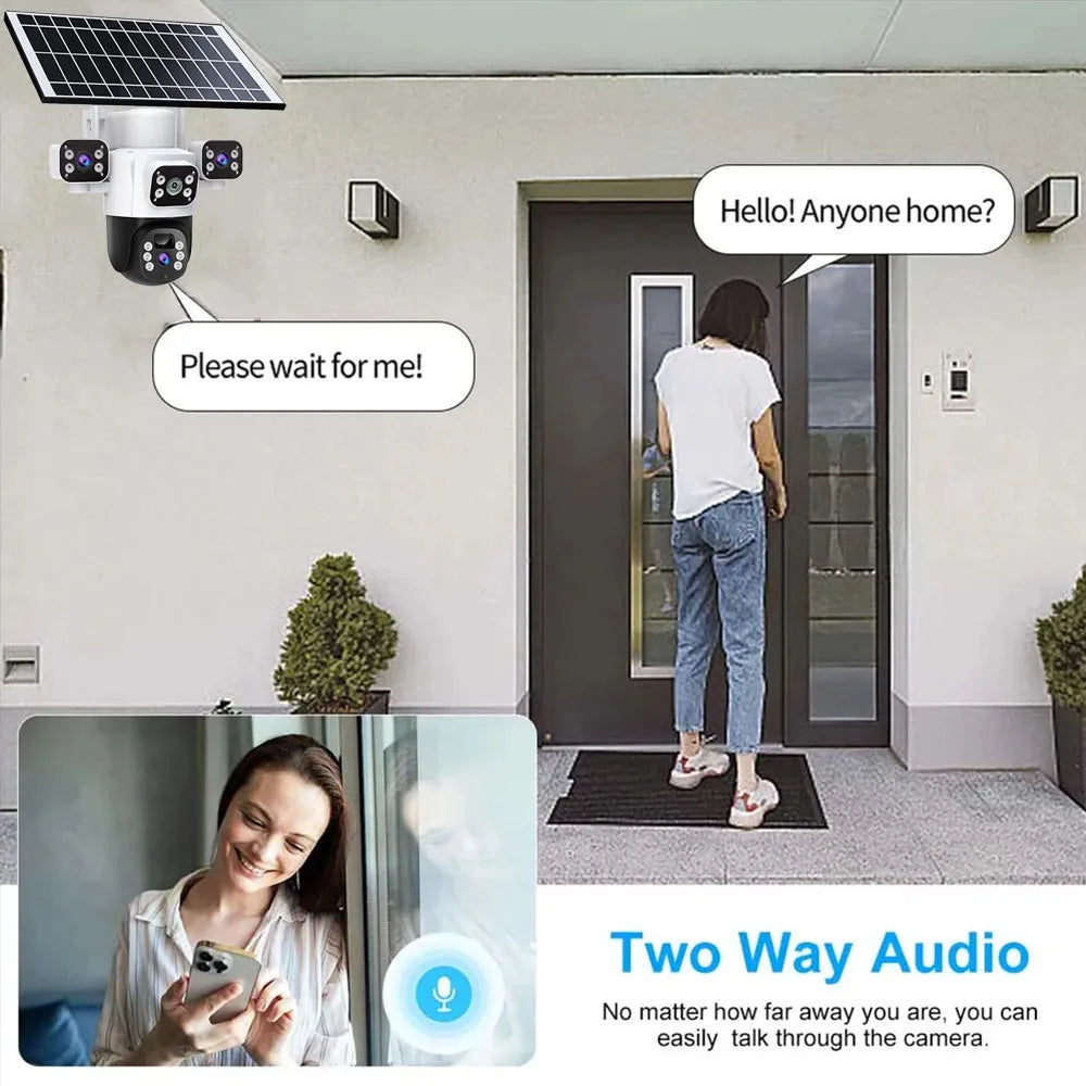 Cámara IP WiFi solar de 12 MP, CCTV con tres lentes y tres pantallas, seguimiento automático, vigilancia exterior 6K 4G, cámara PTZ, protección de seguridad