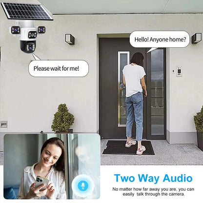 Cámara IP WiFi solar de 12 MP, CCTV con tres lentes y tres pantallas, seguimiento automático, vigilancia exterior 6K 4G, cámara PTZ, protección de seguridad