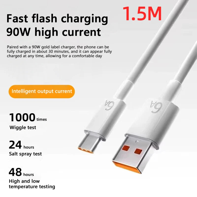Cargador Xiaomi de 90 W, carga rápida y eficiente, adaptador de corriente de pared con turbocompresor, cable tipo C de 1/1,5/2 m y 6 A para Mi 15, 14 Ultra Pro, POCO X7 y X6