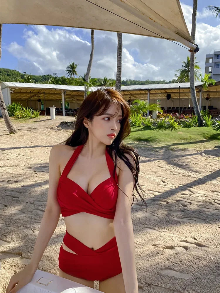 Bikinis sexys 2024, trajes de baño para mujer, traje de baño femenino de cintura alta, trajes de baño rojos push up, conjunto de bikini coreano para niñas, ropa de playa, bañista