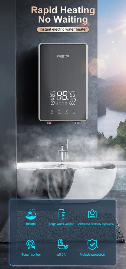 Calentador eléctrico instantáneo de agua IPX4, 7500 kW, calentamiento rápido, sin tanque, con pantalla LED y resistencia al agua.