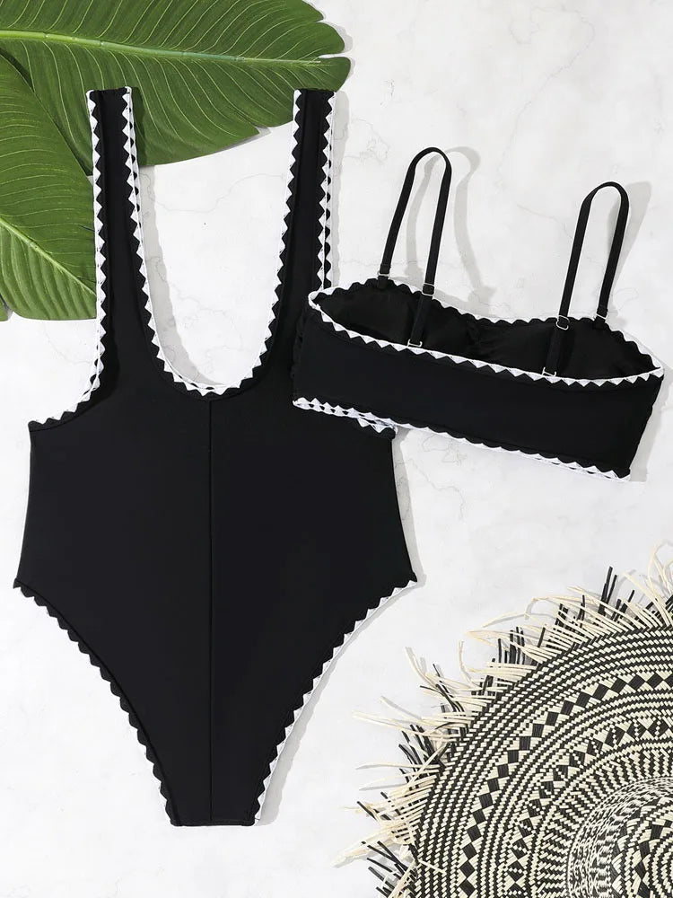 Vigoashely 2025 Sexy Black Two Piece Swimwear Women Push UP Hollow One Piece Swimsuit Monokini Backless Beach Lady Bathing Suit