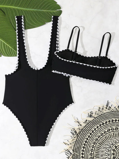 Vigoashely 2025 Sexy Black Two Piece Swimwear Women Push UP Hollow One Piece Swimsuit Monokini Backless Beach Lady Bathing Suit