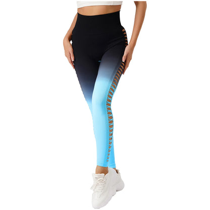 Womens Hip Tight Yoga Pants High Waist Side Hollowed-Out Mesh Design Exercise Yoga Leggings Running Gym Fitness