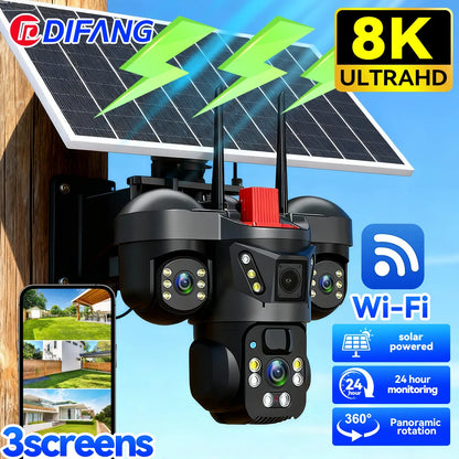 Cámara de vigilancia solar 8K 15MP con tres pantallas, WiFi, seguimiento automático, PTZ, tarjeta SIM 4G, cámara IP solar inalámbrica V380 Pro