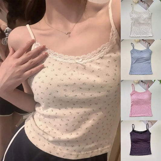 Camisola elegante con estampado floral de encaje 2024 Y2K, chaleco sexy ajustado, tops florales, talla única, camisetas sin mangas florales, primavera