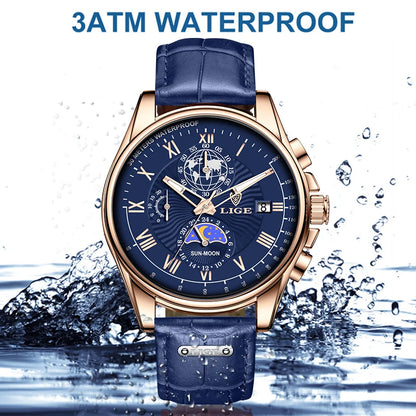 LIGE 2024 - Nuevo reloj de cuero azul para hombre, marca de lujo, resistente al agua, deportivo, con fecha, de cuarzo, Masculino