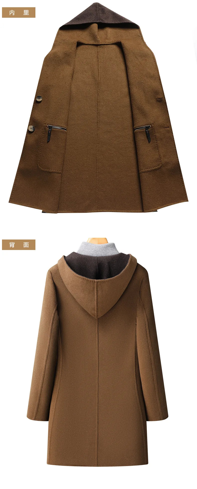 Gabardina de lana de doble faz de lujo y máxima calidad para hombre, estilo otoño-invierno, de largo medio y con capucha.