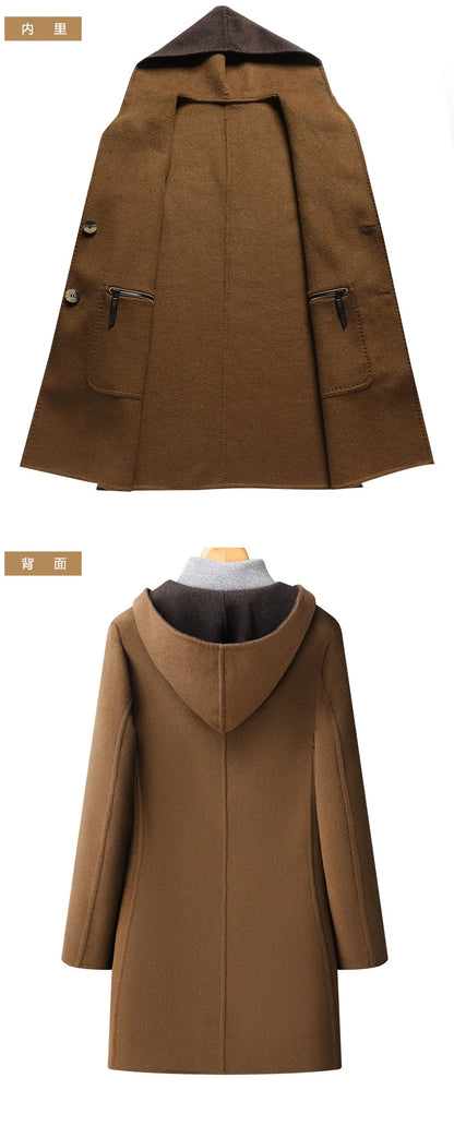 Gabardina de lana de doble faz de lujo y máxima calidad para hombre, estilo otoño-invierno, de largo medio y con capucha.