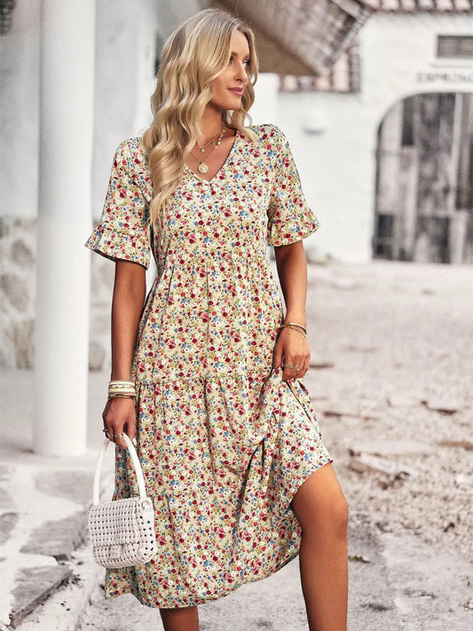 Vestido elegante estampado con cuello en V de Msfilia Fashion para mujer, ideal para el verano. Vestido corto de manga corta, cintura alta, corte en A, estampado floral.