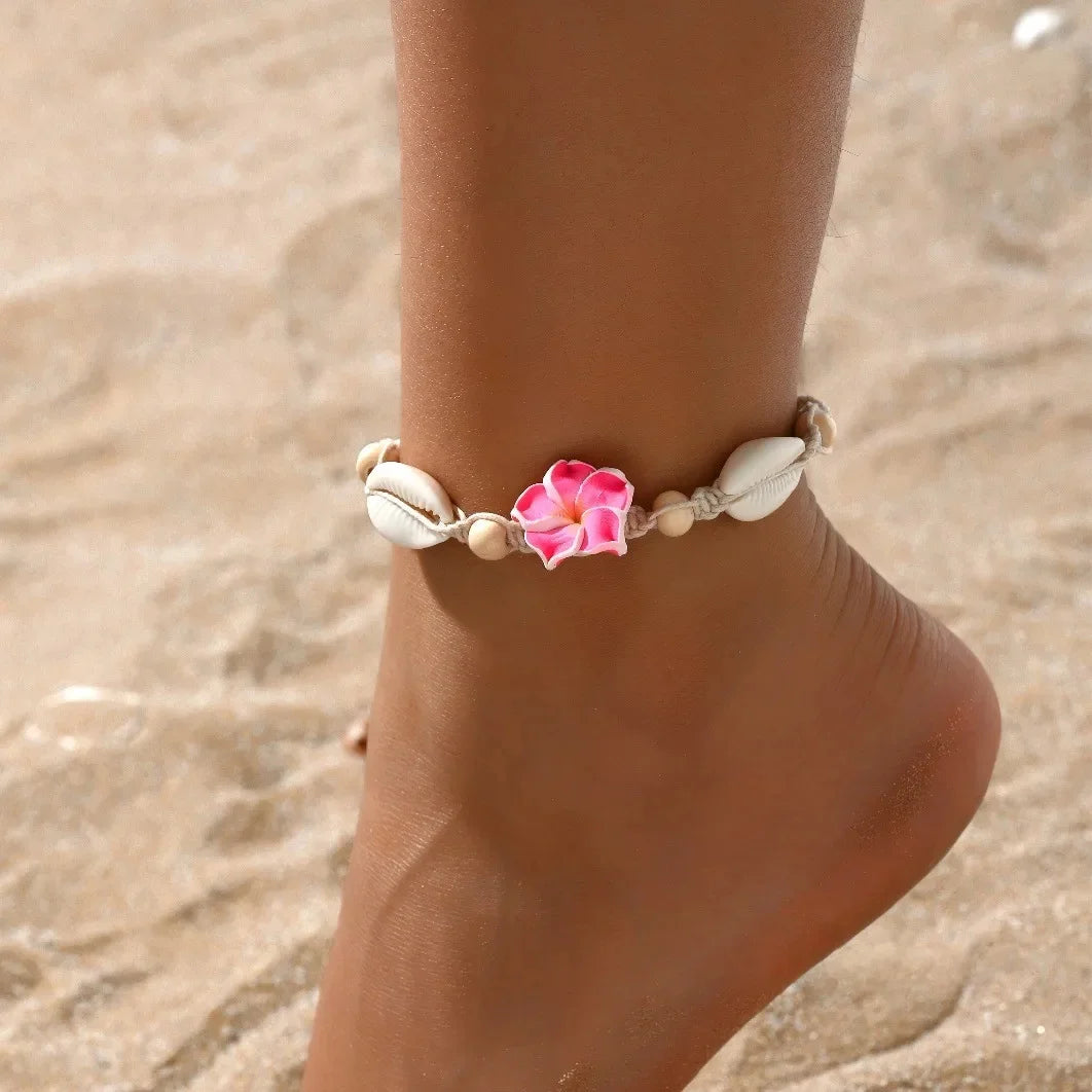 Conjunto de pulsera y collar de conchas multicolores tejidas a mano, joyería de cerámica suave estilo vacaciones en la playa con diseño de flor de huevo bohemia