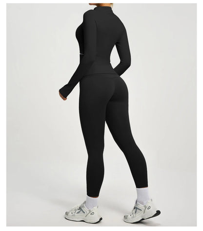 Conjuntos de yoga con contraste de colores para mujer, chaqueta deportiva de manga larga sin costuras con cremallera, leggings adelgazantes de cintura alta, chándal de fitness