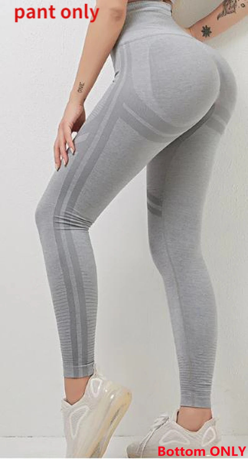 Conjuntos de ropa deportiva de media pieza sin costuras para mujer, conjuntos de gimnasio de manga larga, sujetador deportivo de yoga, leggings push up y mallas deportivas.