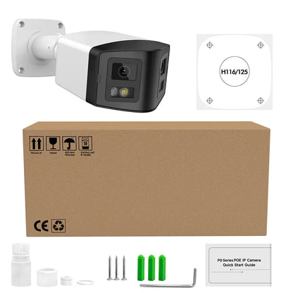 Cámara panorámica de doble luz de 4 MP y 8 MP con PoE, micrófono y altavoz integrados, detección humana, visión nocturna a color y sistema de vigilancia compatible con Hikvision.