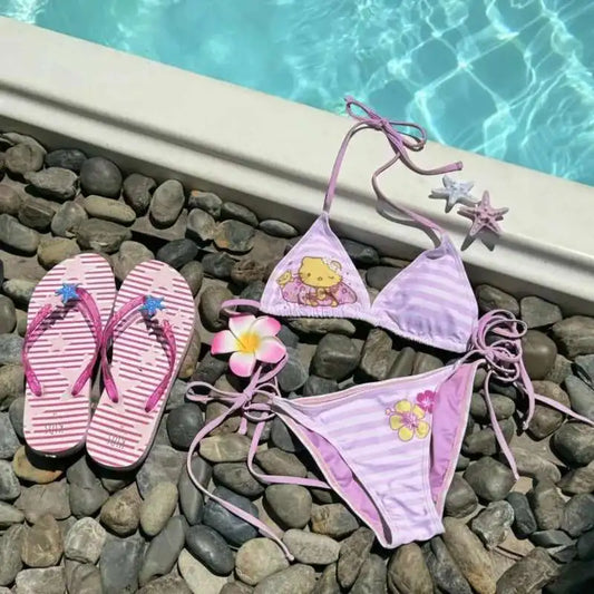 Conjunto de bikini Miniso Hello Kitty Kawaii con cordones, sujetador halter a rayas, ropa interior de dos piezas estilo Y2K, traje de baño Lolita rosa para niñas