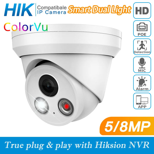 Cámara IP 4K HD compatible con Hikvision, 5MP/8MP, seguridad inteligente, doble luz, visión nocturna a color por infrarrojos, micrófono integrado.