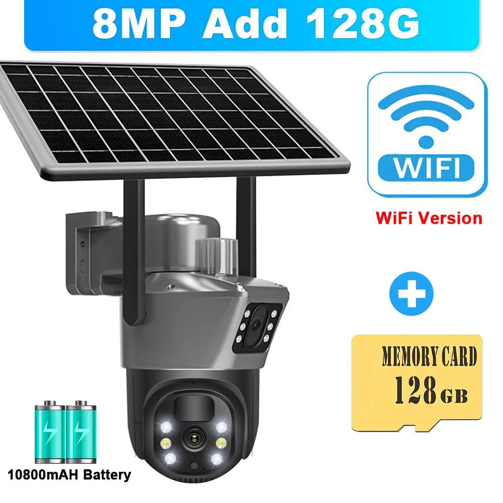 Cámara solar WiFi 4K de 8MP para exteriores, cámara de vigilancia CCTV inalámbrica con panel solar, doble lente, cámara IP PTZ y protección de seguridad.