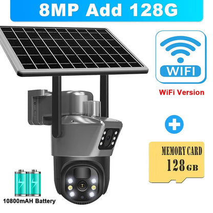 Cámara solar WiFi 4K de 8MP para exteriores, cámara de vigilancia CCTV inalámbrica con panel solar, doble lente, cámara IP PTZ y protección de seguridad.