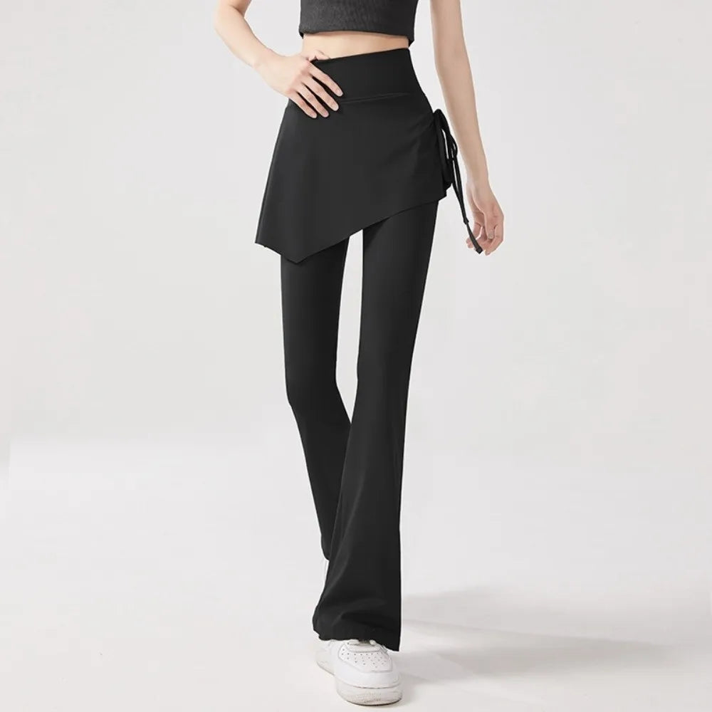 Leggings deportivas 2 en 1 con diseño de falda, dobladillo acampanado, cintura alta y cordón ajustable para yoga, actividades al aire libre y fitness.