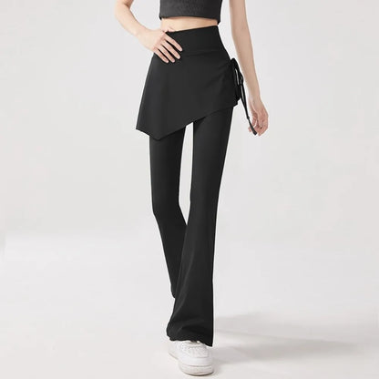 Leggings deportivas 2 en 1 con diseño de falda, dobladillo acampanado, cintura alta y cordón ajustable para yoga, actividades al aire libre y fitness.