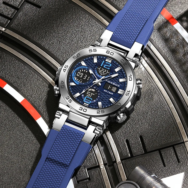 Reloj de pulsera deportivo para hombre FOXBOX Fashion Luxury Quartz, militar, impermeable, con doble pantalla, cronógrafo luminoso + CAJA