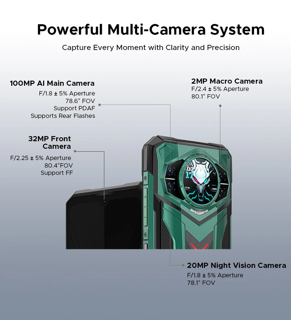 Teléfono resistente DOOGEE S200 Ultra 5G con IA, 48 GB + 1 TB, pantalla trasera de 1,34" con efecto de luz, procesador Dimensity 7400, batería de 11000 mAh, carga rápida de 66 W, NFC, WiFi 6E.