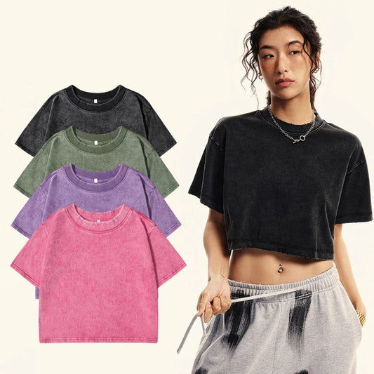 Camisetas lavadas 100 % algodón para mujer, tops holgados de cuello redondo, ropa urbana Y2k para mujer, camisetas casuales vintage de manga corta de verano