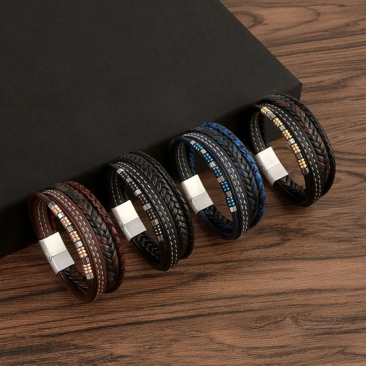 Brazalete punk multicapa de acero inoxidable, pulsera de cuero de alta calidad para hombres y mujeres, nuevo diseño de moda, joyería trenzada para mano masculina.