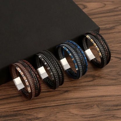 Brazalete punk multicapa de acero inoxidable, pulsera de cuero de alta calidad para hombres y mujeres, nuevo diseño de moda, joyería trenzada para mano masculina.