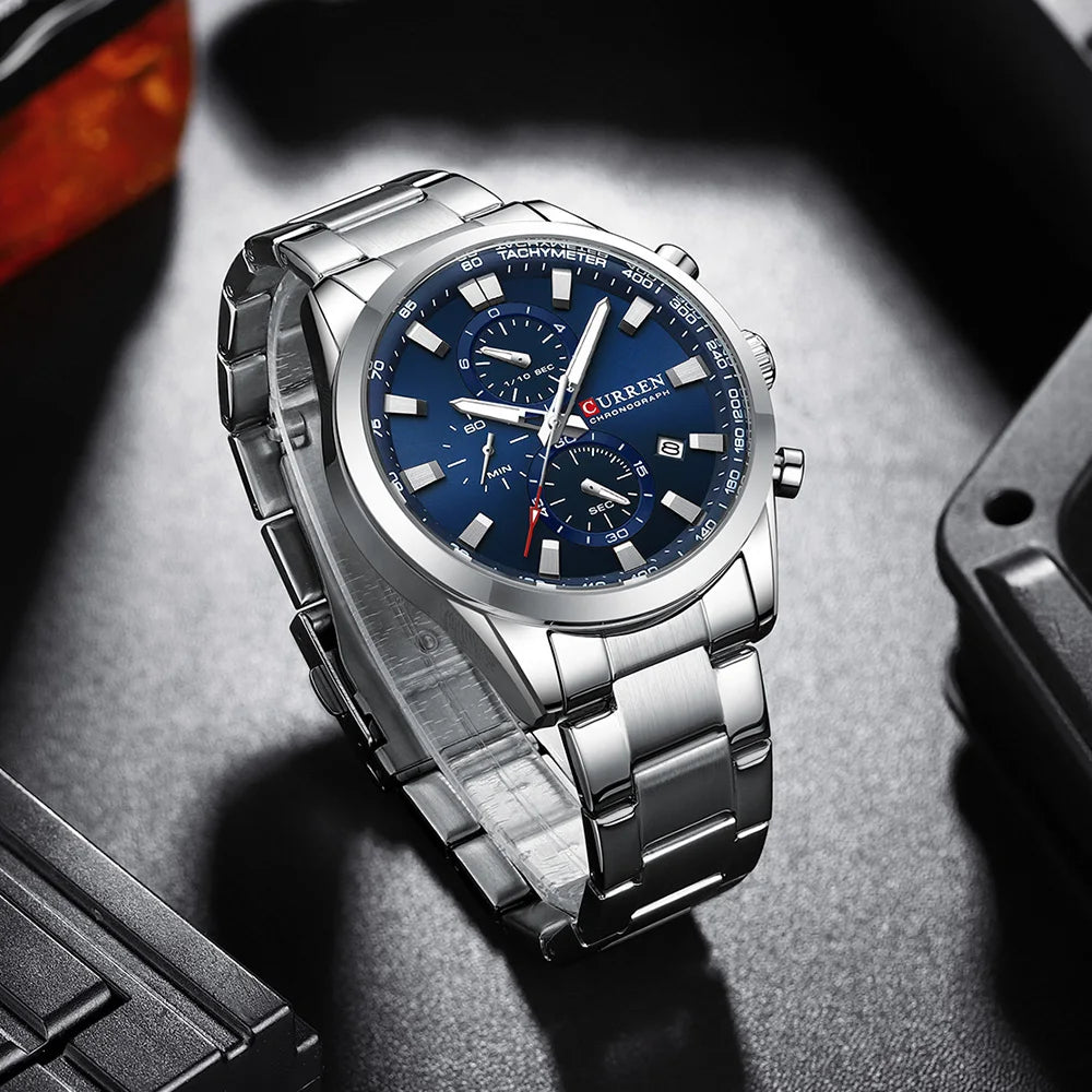 Reloj deportivo CURREN de cuarzo con cronógrafo para hombre - Pulsera de acero inoxidable y esfera multifuncional