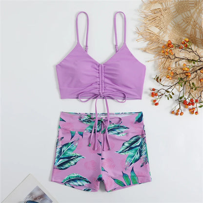 Bikini con cordón y estampado tropical para mujer, traje de baño de cintura alta con lazo frontal, pantalones cortos, traje de baño sexy para mujer, ropa de playa de verano