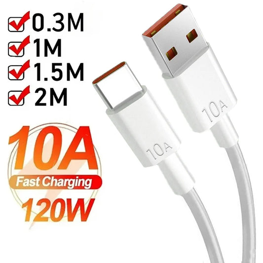 Cable de carga rápida universal USB tipo C de 120 W y 10 A para Samsung, Huawei, Xiaomi Redmi, cable de datos de 0,3 m, 1 m, 1,5 m y 2 m.