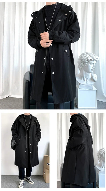 Gabardina de hombre, nueva chaqueta larga con capucha, estilo casual y cortavientos, ideal para otoño. Moda urbana coreana. Ropa masculina.