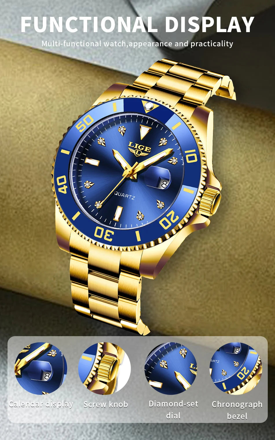 Relojes de moda LIGE para hombre, de lujo, luminosos, con calendario, para negocios, resistentes al agua, cronógrafo, de acero inoxidable, de cuarzo.