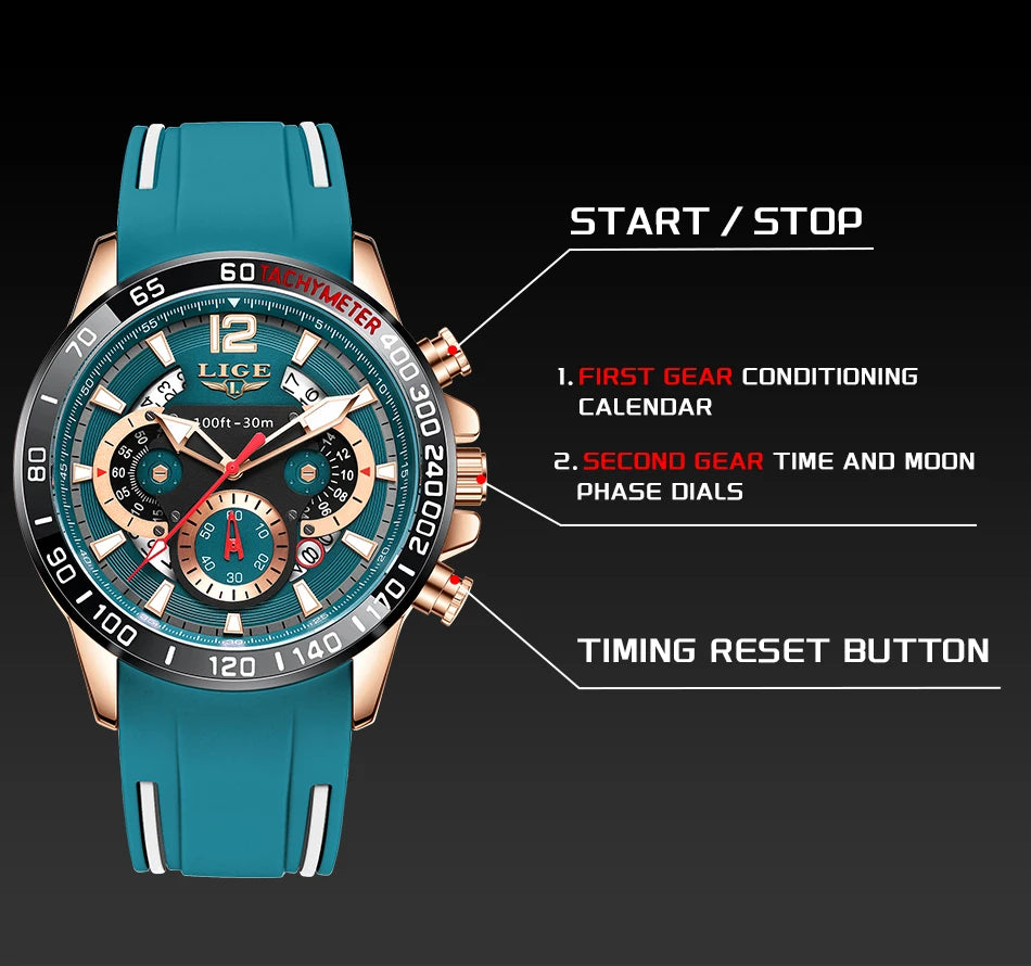 Reloj LIGE original para hombre, deportivo, de negocios, multifuncional, con calendario y código de tiempo, correa de silicona, reloj de cuarzo de marca de lujo para hombre