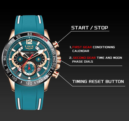 Reloj LIGE original para hombre, deportivo, de negocios, multifuncional, con calendario y código de tiempo, correa de silicona, reloj de cuarzo de marca de lujo para hombre