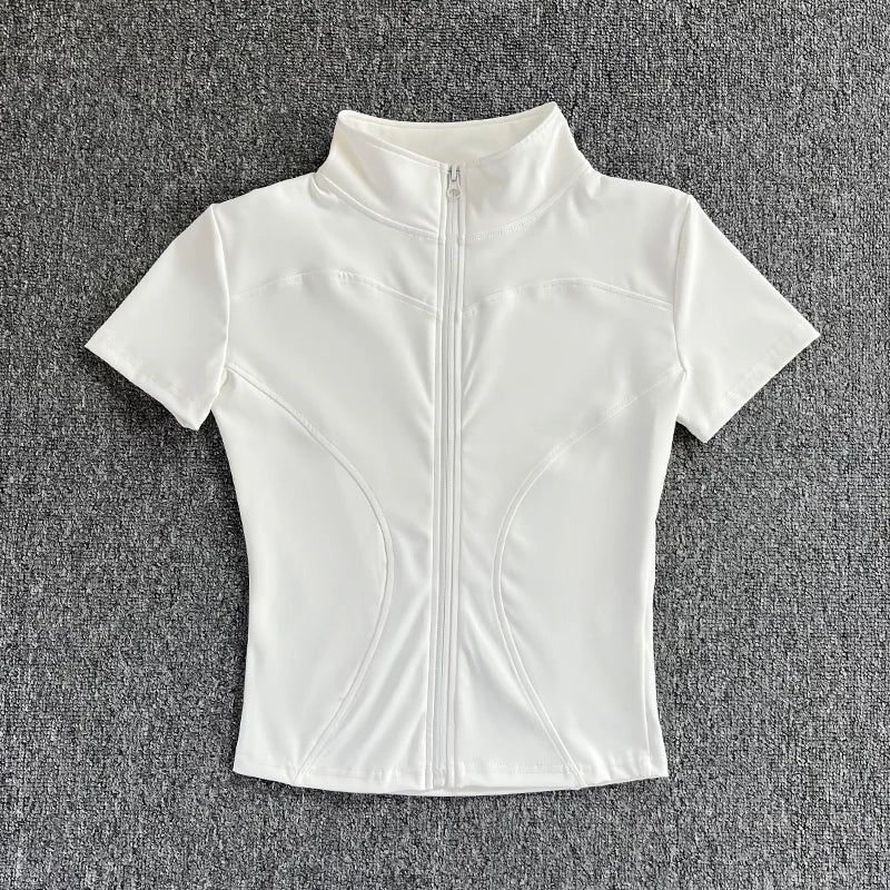 Camisetas de entrenamiento adelgazantes de cintura de verano de alta calidad para mujer, de secado rápido, con cuello alto ajustado y cremallera completa, camisetas de yoga de manga corta.
