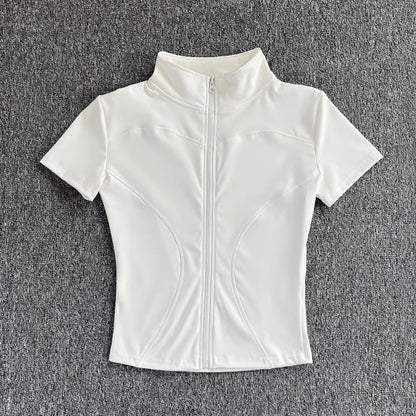 Camisetas de entrenamiento adelgazantes de cintura de verano de alta calidad para mujer, de secado rápido, con cuello alto ajustado y cremallera completa, camisetas de yoga de manga corta.