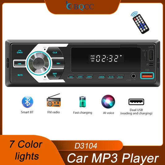 Radio estéreo BQCC 1DIN MP3 con FM, USB, TF, entrada AUX, Bluetooth, protección de energía, luces de 7 colores, USB dual, multimedia, audio para coche.