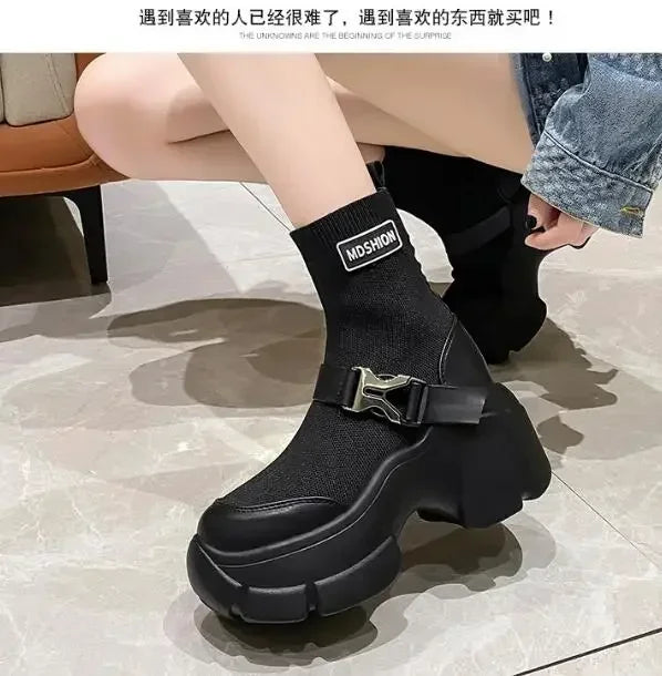 Botines de plataforma alta de 8 cm para mujer, botas cortas con suela gruesa y suela gruesa, antideslizantes, para motocicleta, para otoño