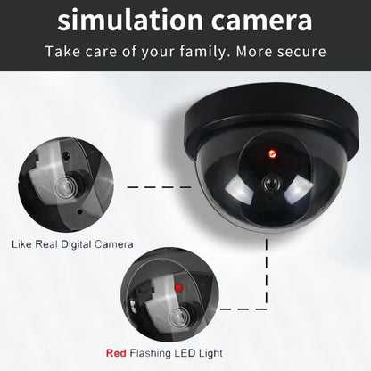 Cámara de seguridad domo falsa con luz LED roja, funciona con pilas y no requiere cableado. Ideal para interiores y exteriores.