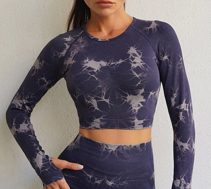 VEQKING - Ropa de yoga teñida para mujer, top corto de manga larga, pantalones de yoga de cintura alta, conjuntos deportivos, ropa de gimnasio de secado rápido