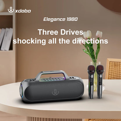 Barra de sonido XDOBO de 150 W, subwoofer TWS, altavoz estéreo inalámbrico de karaoke para TV al aire libre con 2 micrófonos y bolsa de viaje para guardarlo.