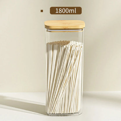 Tarro de plástico cuadrado sellado de 1100 ml para alimentos, con tapa de bambú, para cereales de cocina, transparente, para té y utensilios de cocina.